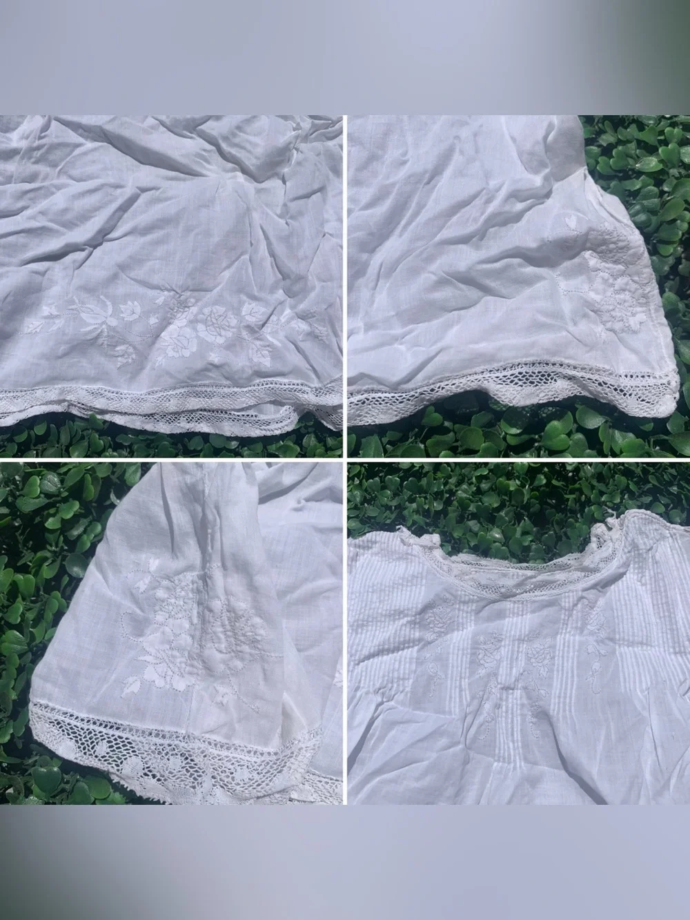 Antique baby infant white cotton sleeveless nightgown dress w/ lace & embroidery